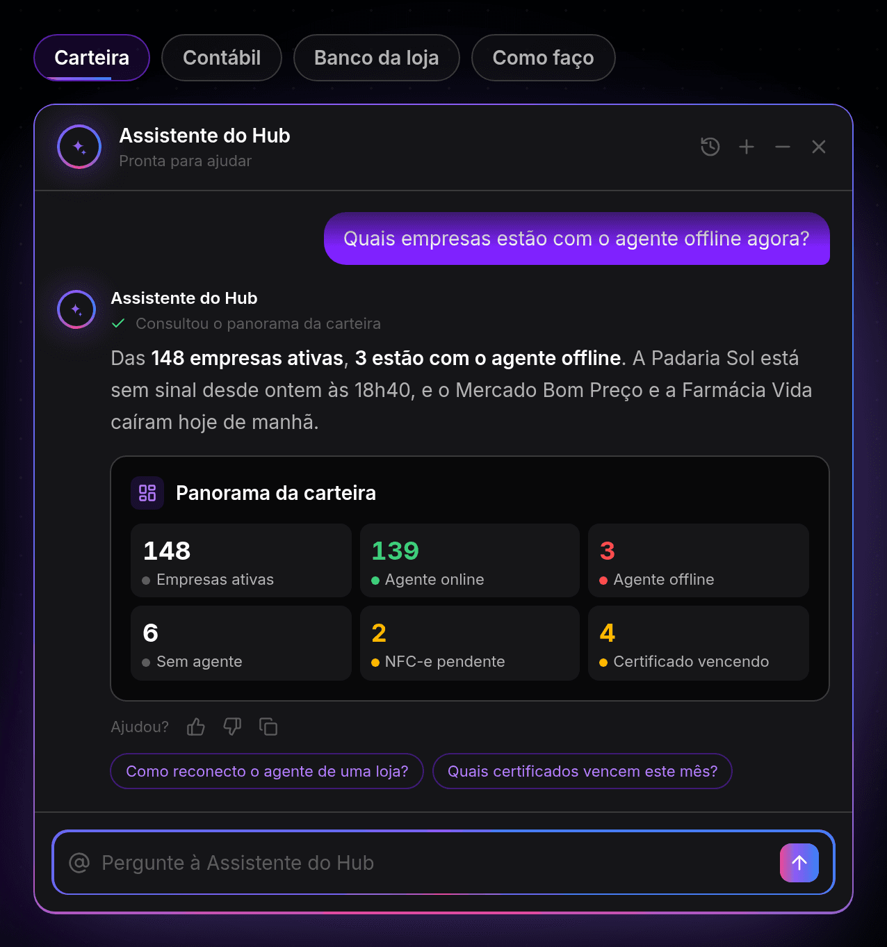 Conversa com a Assistente do Hub: a pergunta sobre a carteira e a resposta com o cartão do panorama
