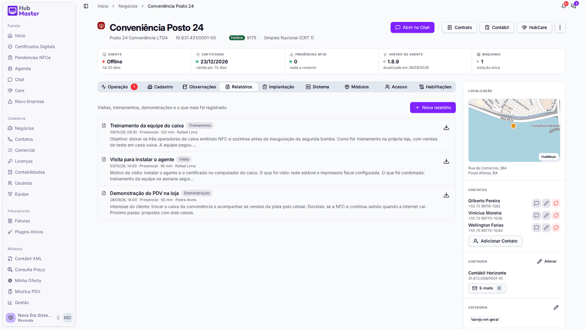Aba Relatórios do cliente, com a demonstração, a visita e o treinamento registrados, cada um com o botão de PDF.
