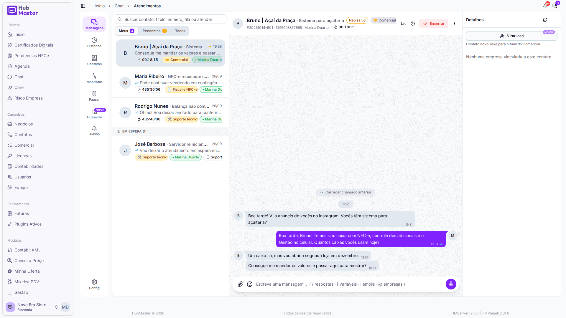 Painel de detalhes de uma conversa no HubChat com o botão "Virar lead".