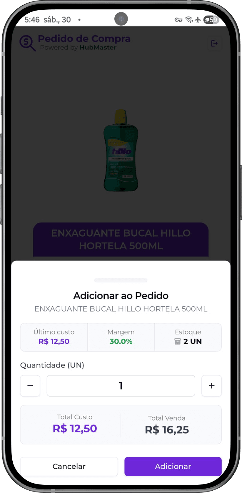 Adicionar ao pedido - quantidade, custo total e venda total por item