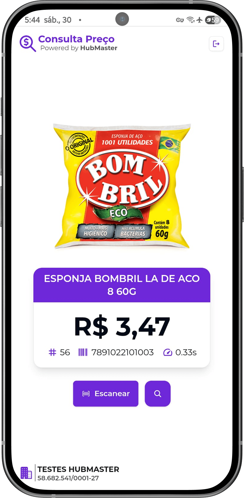 Resultado de consulta - preço, código de barras e tempo de resposta