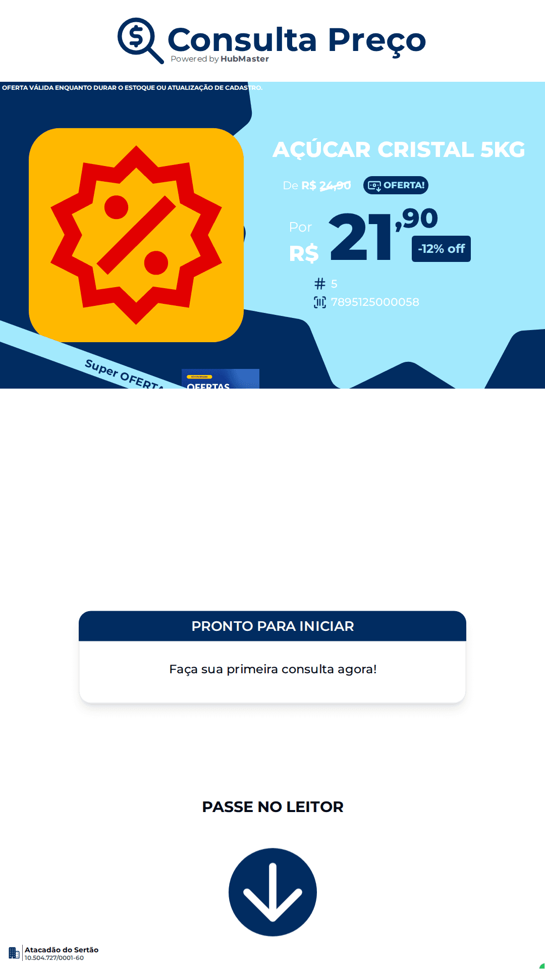 TV em retrato com o carrossel de ofertas no topo e a chamada "PASSE NO LEITOR"