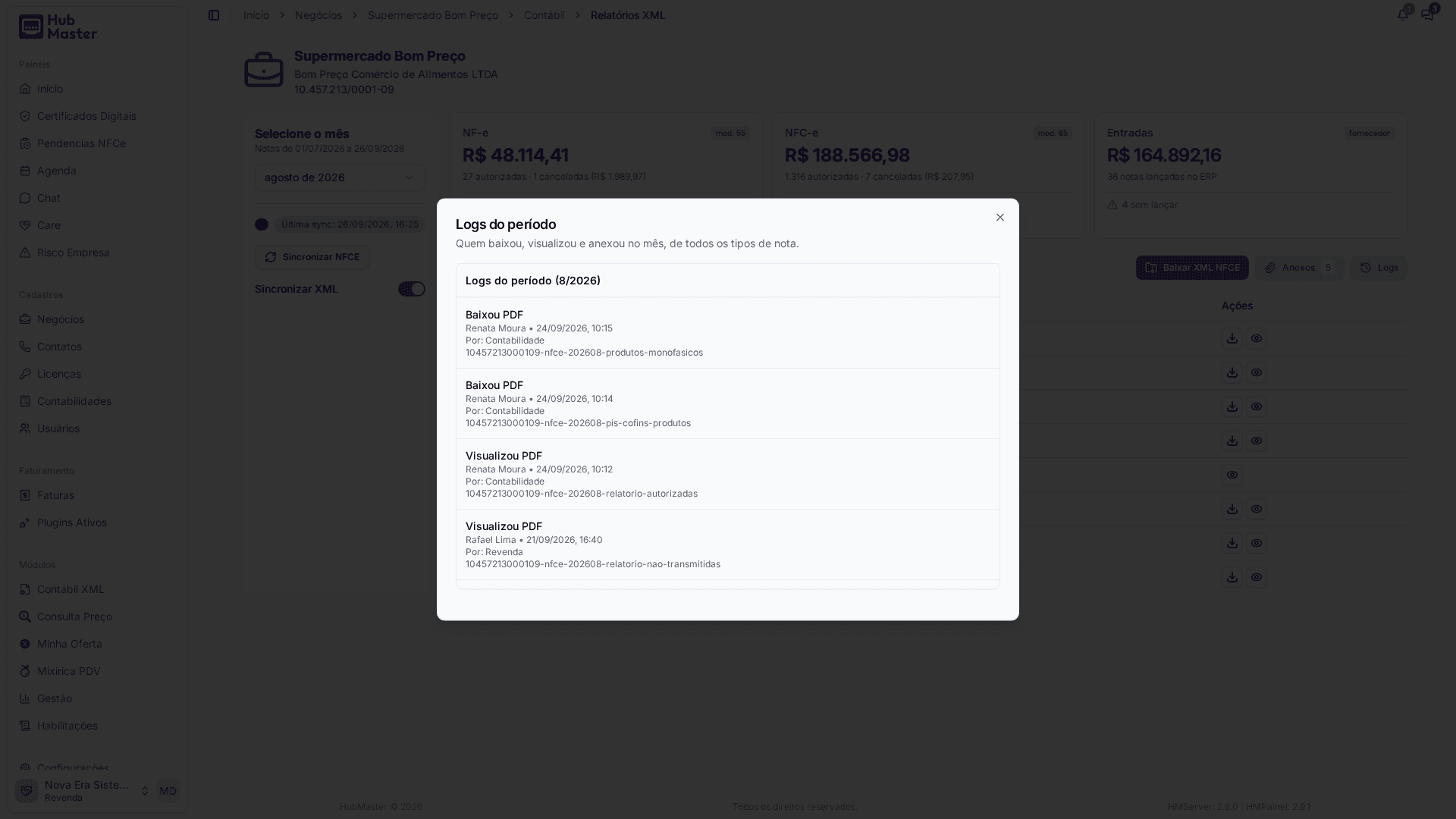 Logs do período: quem viu ou baixou cada arquivo, com data, hora e se foi a revenda ou a contabilidade