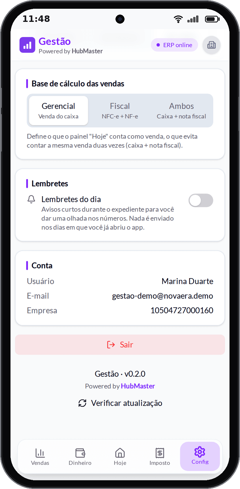 Config com os lembretes do dia e o botão de teste