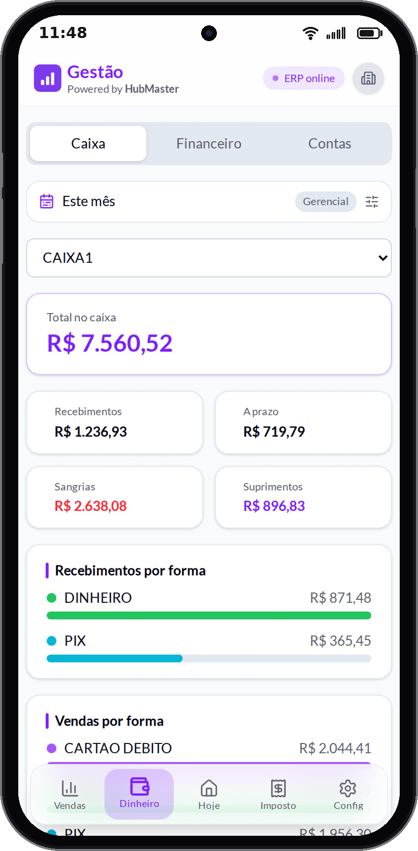 Caixa do período por operador: recebimentos, a prazo, sangrias, suprimentos e total no caixa