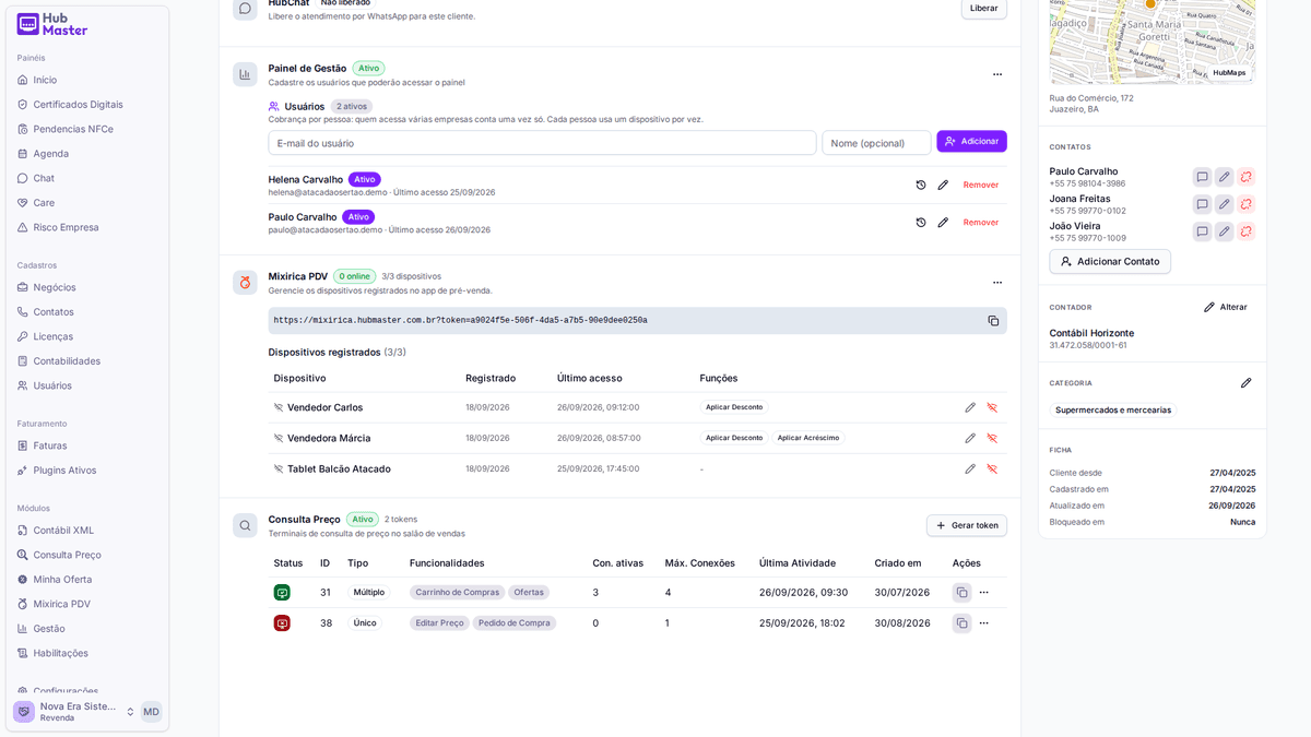 Card Painel de Gestão na página do cliente, com as pessoas liberadas e o link de acesso para mandar pelo WhatsApp