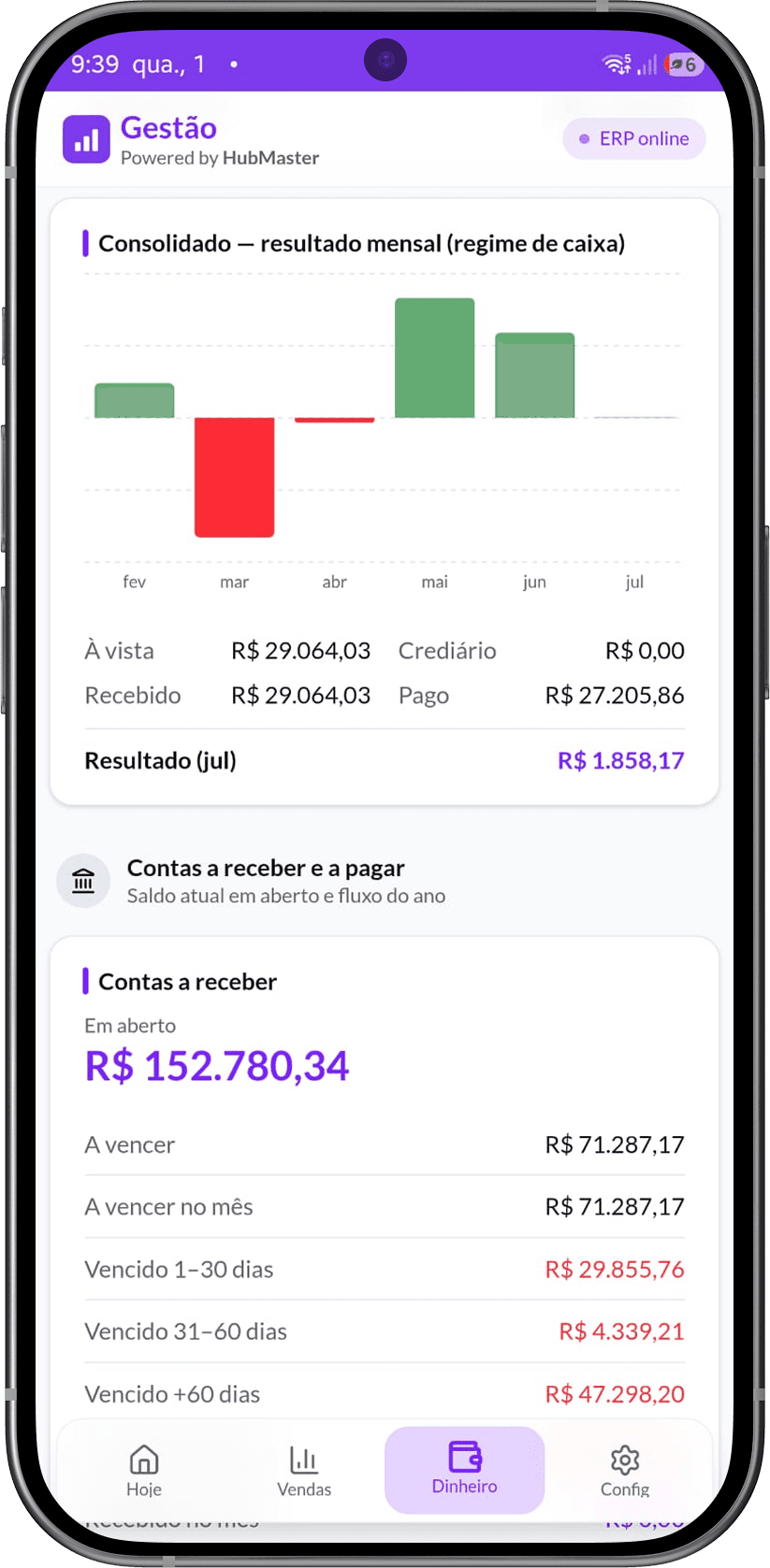 Consolidado do resultado mensal - receita, despesas e resultado por mês