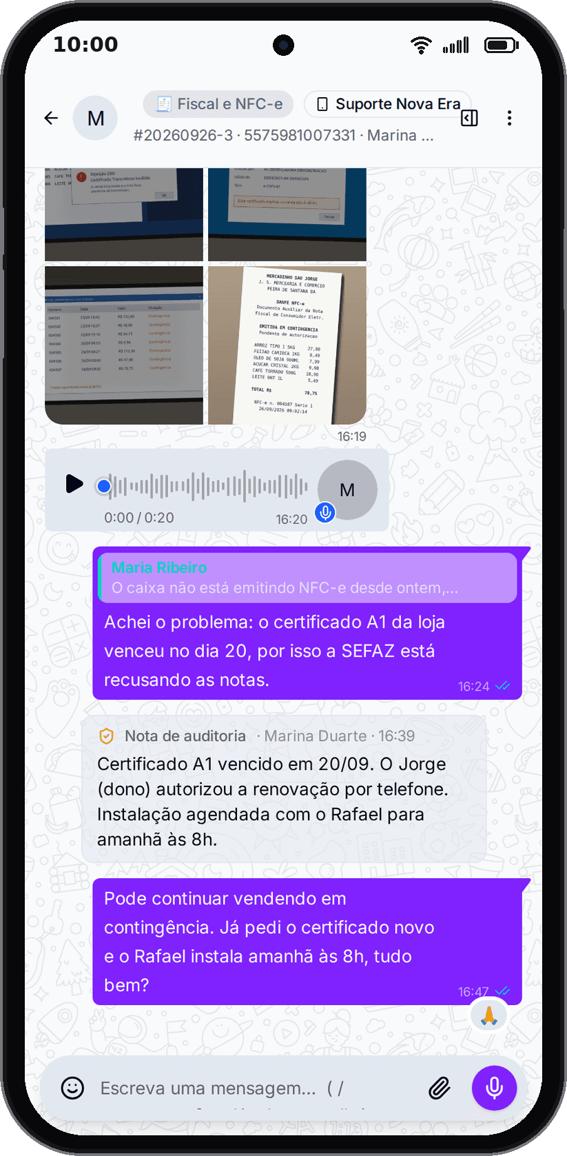 O atendimento no celular: conversa aberta com nota de voz, resposta citada e nota interna