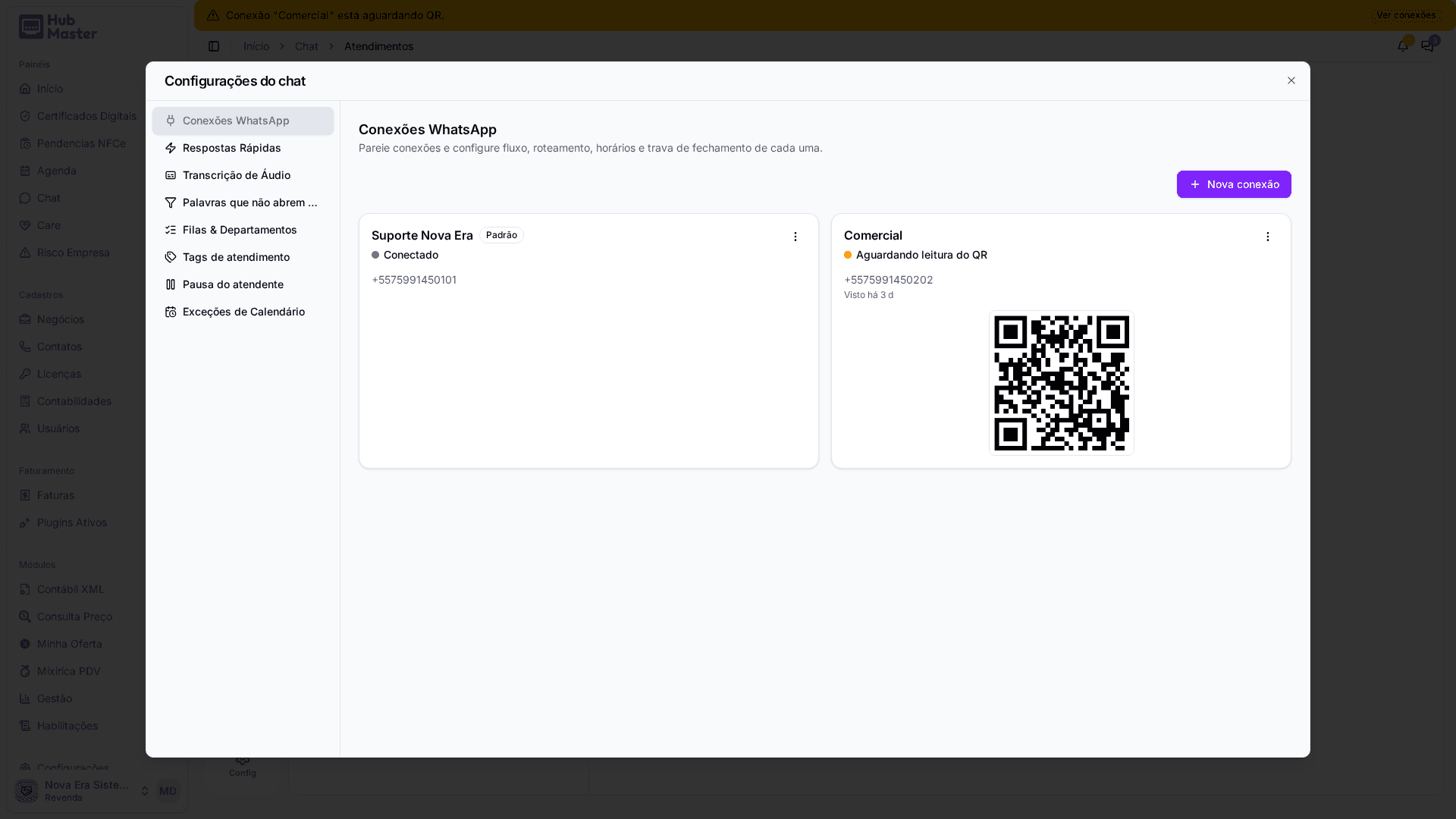 Conexões WhatsApp: um número conectado e outro aguardando a leitura do QR Code