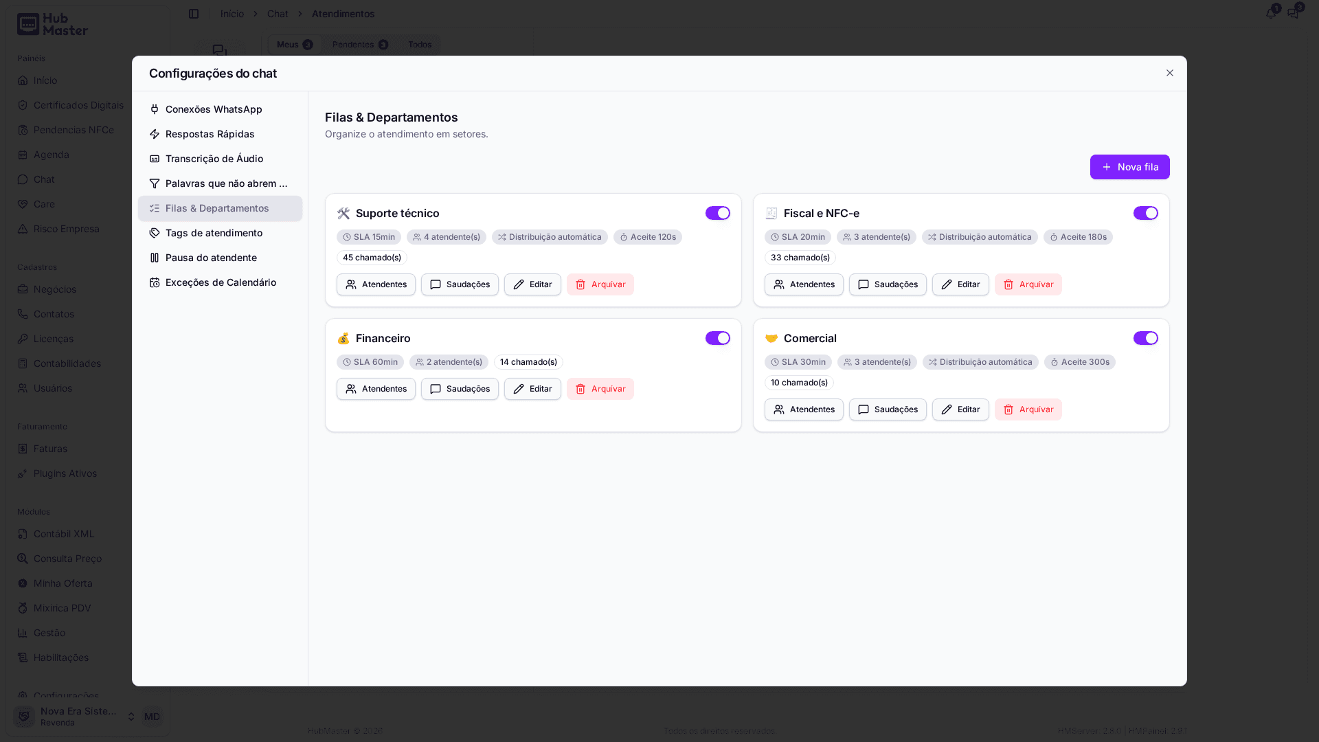 Filas & Departamentos com SLA, distribuição automática e tempo para aceitar