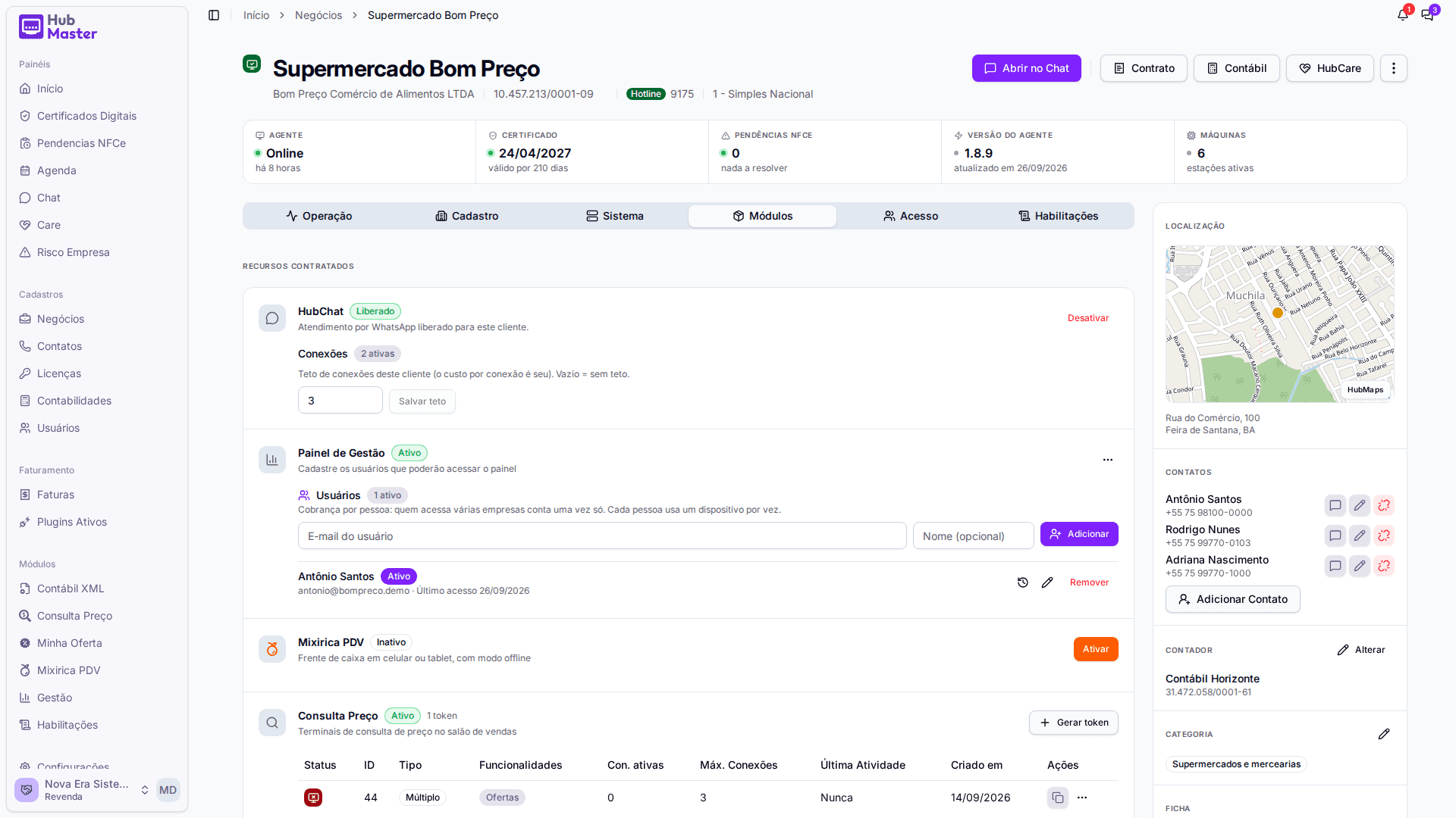 Aba Módulos da empresa: card HubChat liberado, com as conexões ativas e o teto