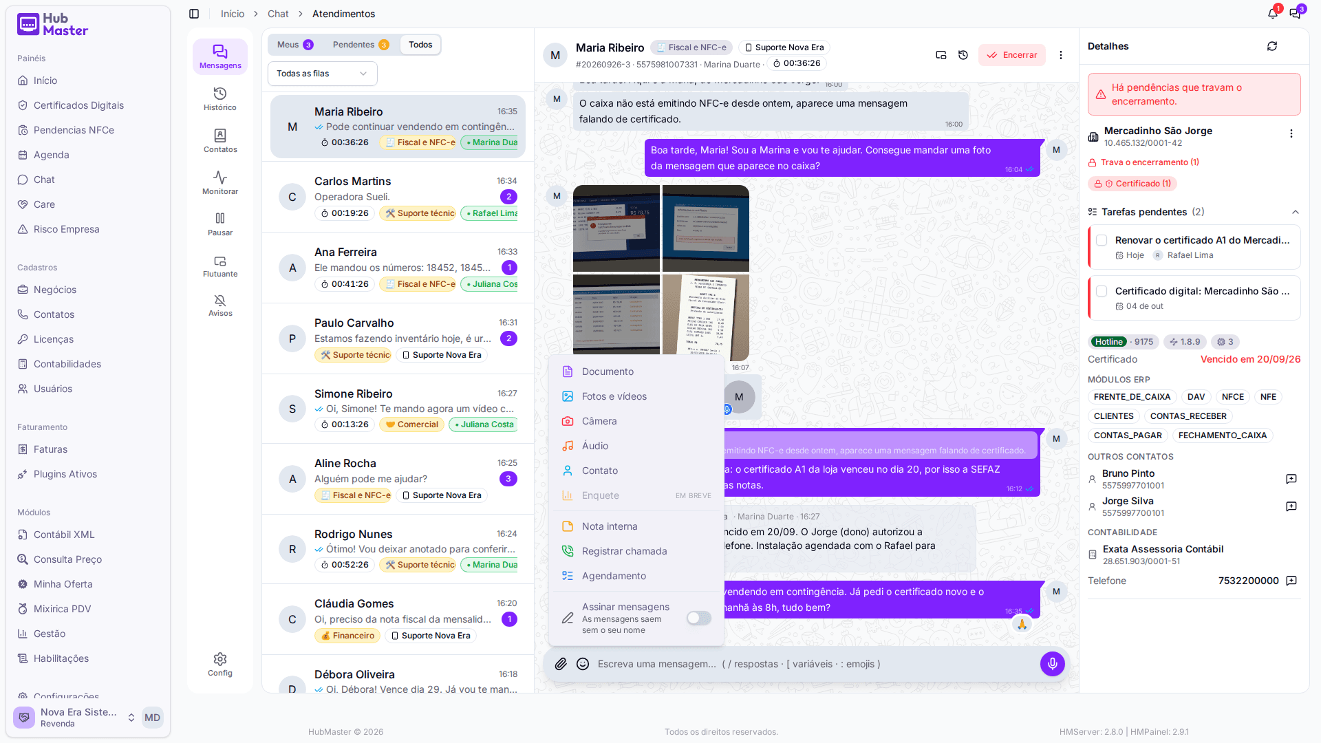Menu "+" do campo de resposta: documento, fotos, câmera, áudio, contato, nota interna, registro de chamada e agendamento