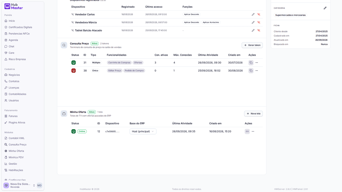 Painel HubMaster: telas do Minha Oferta de uma empresa, com o link e a base do ERP