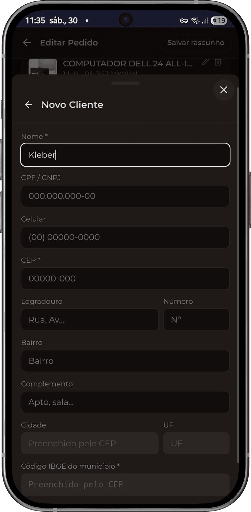Novo cliente — cadastro rápido com preenchimento automático de endereço pelo CEP