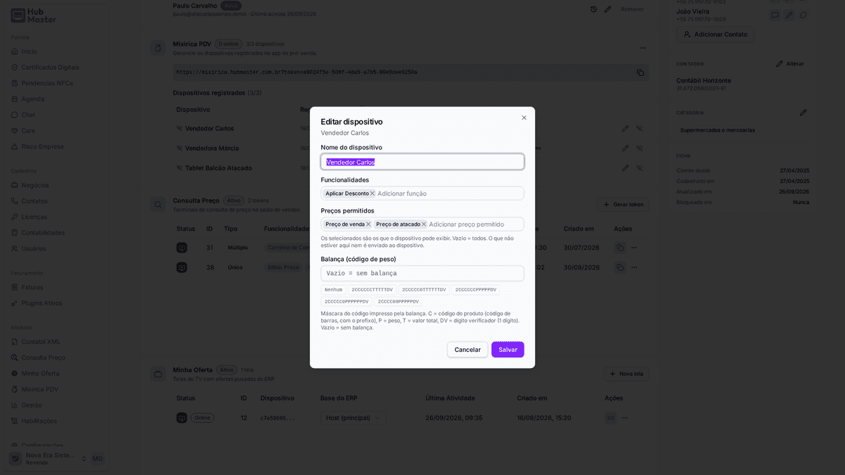 Painel HubMaster: aparelhos do Mixirica e o "Editar dispositivo" com funcionalidades, preços permitidos e balança