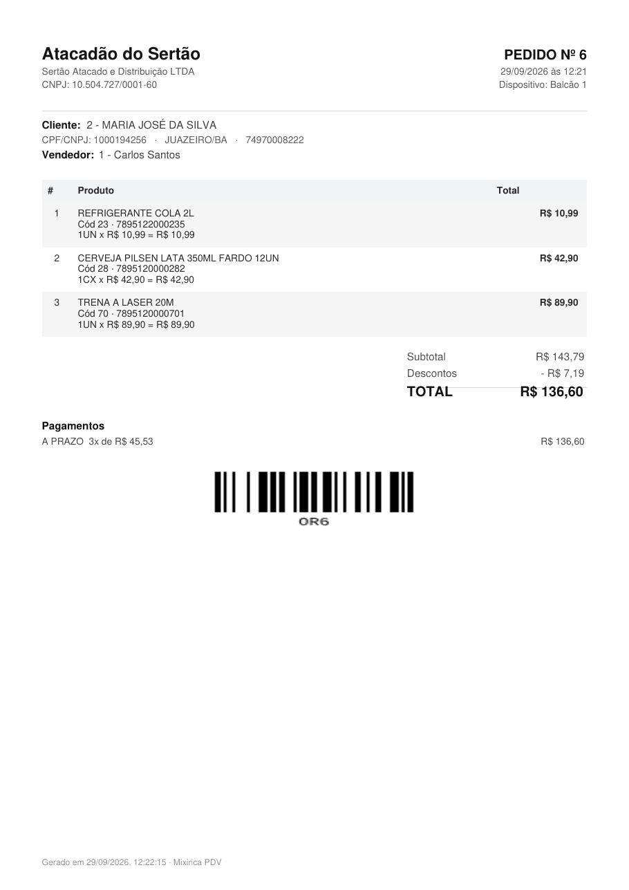 PDF A4 do pedido, com itens, pagamentos e código de barras