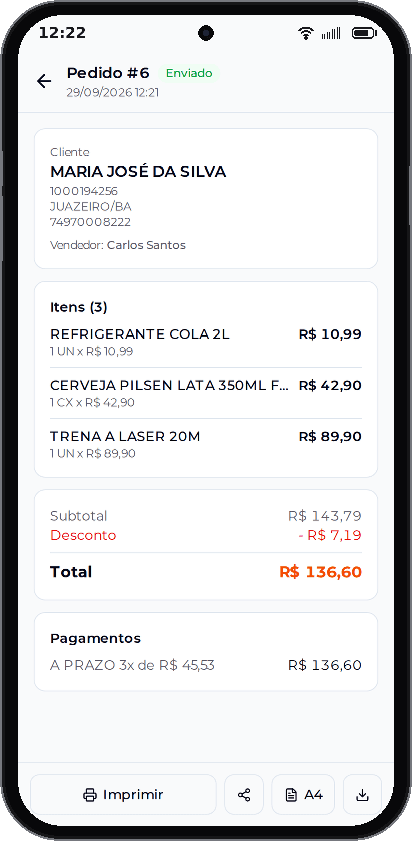 Detalhe de um pedido já enviado ao ERP