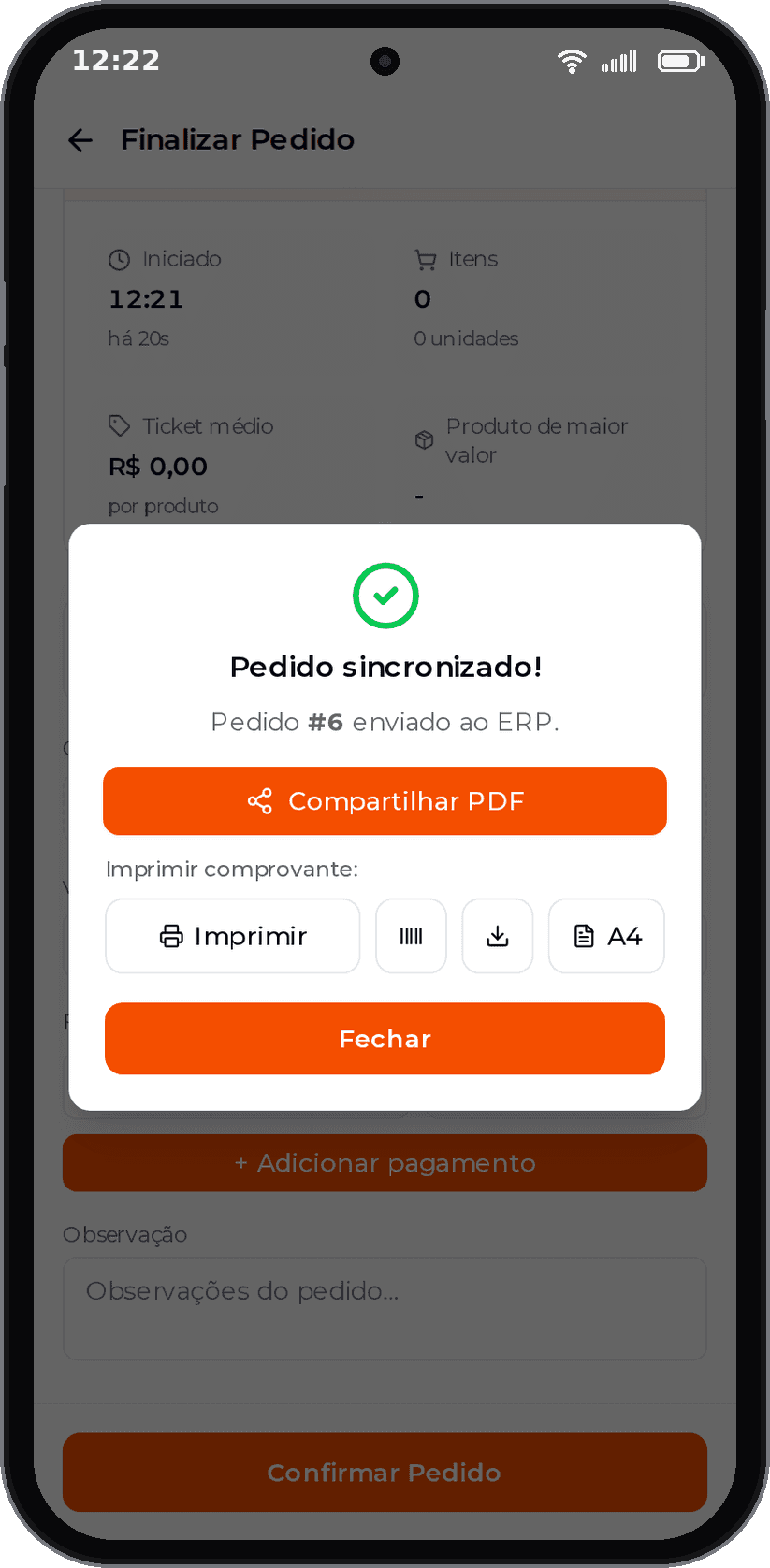 "Pedido sincronizado!": o número do pedido no ERP, com impressão e compartilhamento