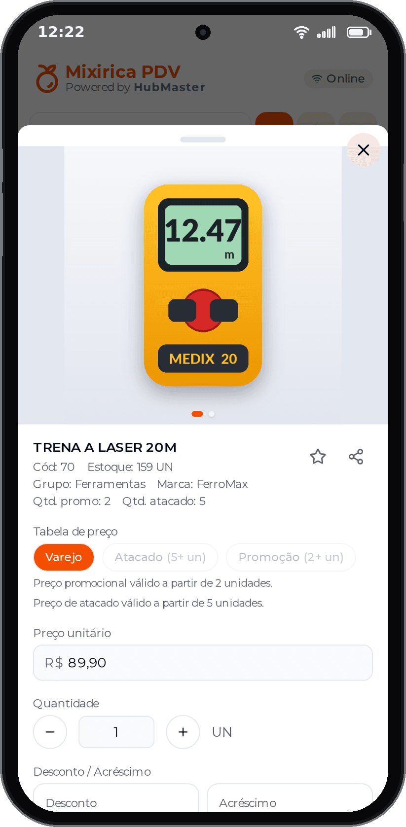 Produto: fotos, preço de promoção e de atacado com a quantidade mínima e a ficha comercial aberta