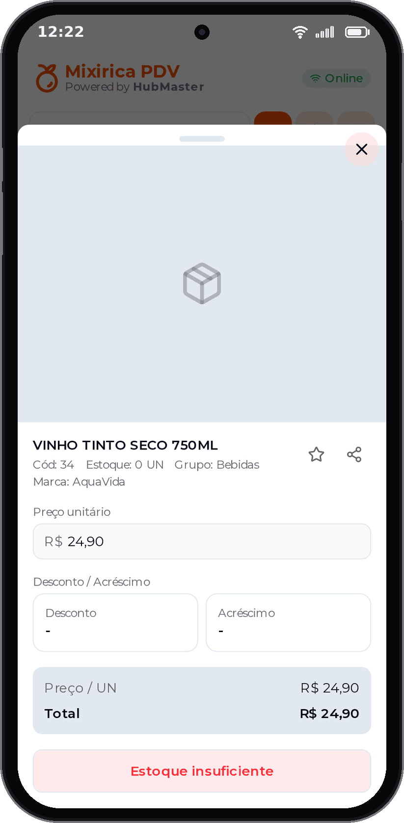 Trava de estoque: sem saldo, o produto mostra "Estoque insuficiente" no lugar do botão de adicionar