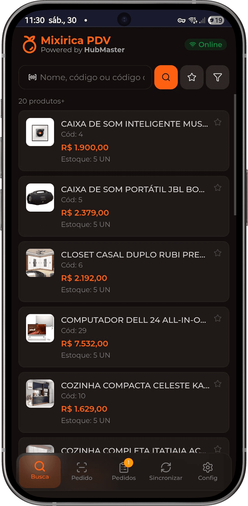 Tela de busca — catálogo com código, estoque e preço em tempo real