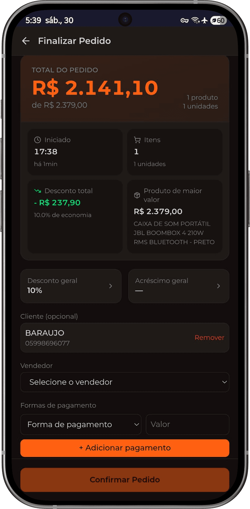 Finalizar pedido — cliente, vendedor, desconto geral e formas de pagamento