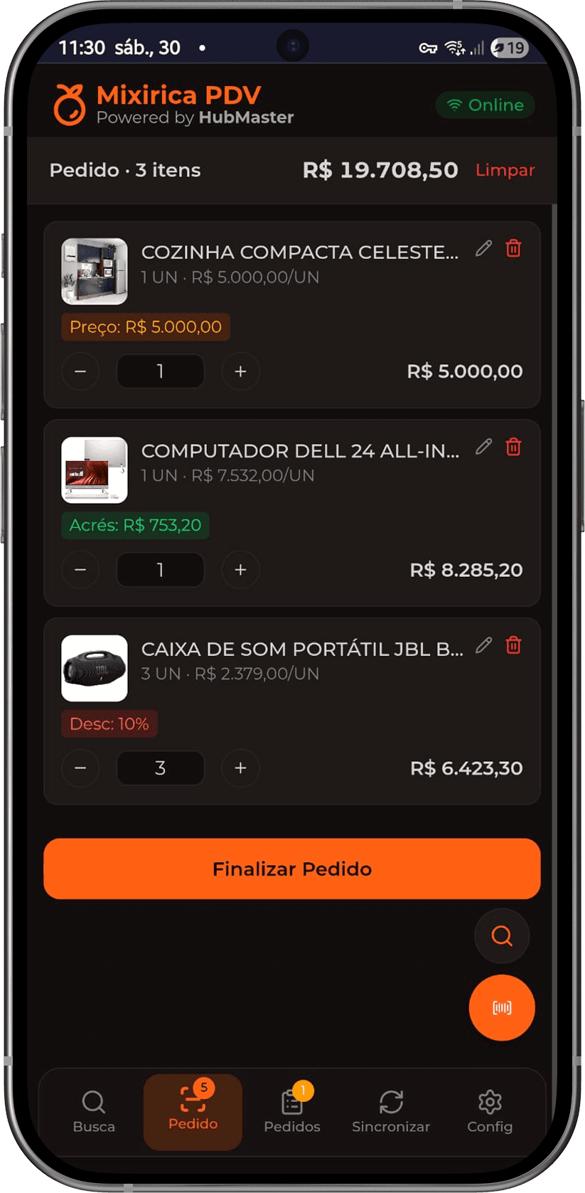 Carrinho — múltiplos itens com totalizadores e botão Finalizar Pedido