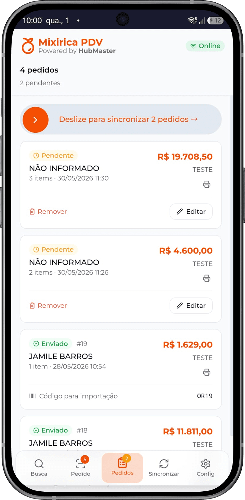Pedidos: os pendentes ficam no aparelho até o vendedor deslizar para sincronizar, e os enviados mostram o código para importação