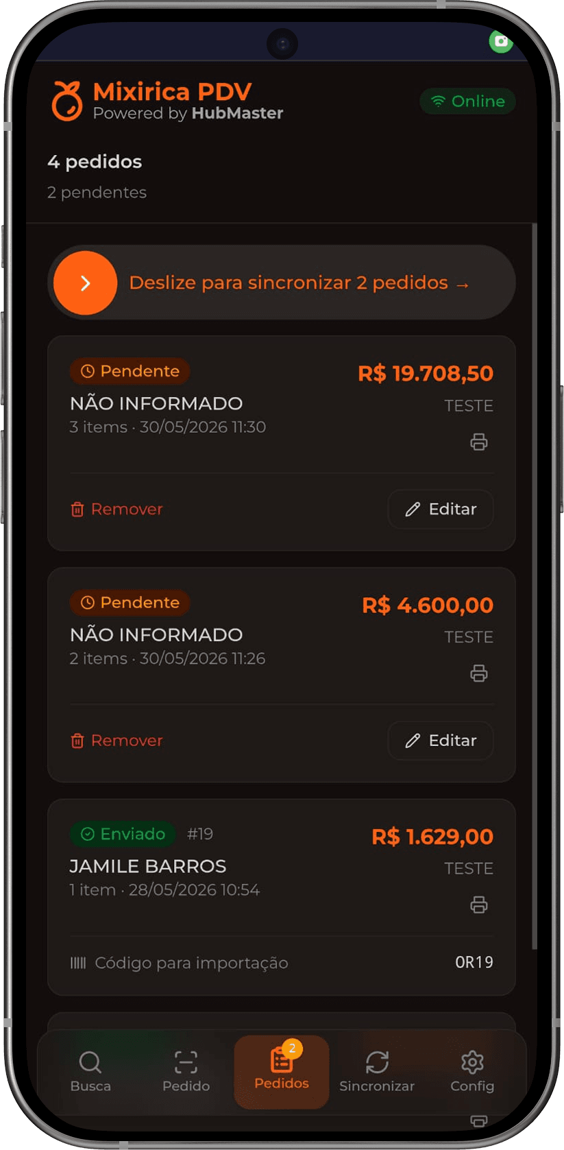 Painel de pedidos — status Pendente, Enviado ou Erro, com sincronização em lote