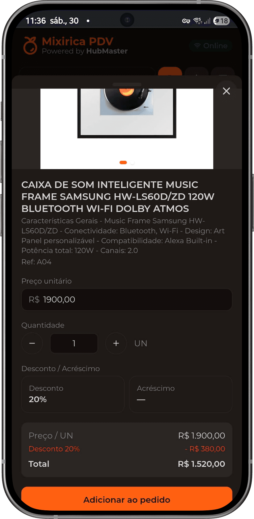 Detalhe do produto — defina quantidade, desconto ou acréscimo por item