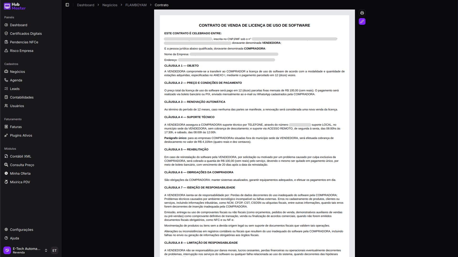 Contrato com informações do negócio preenchidos