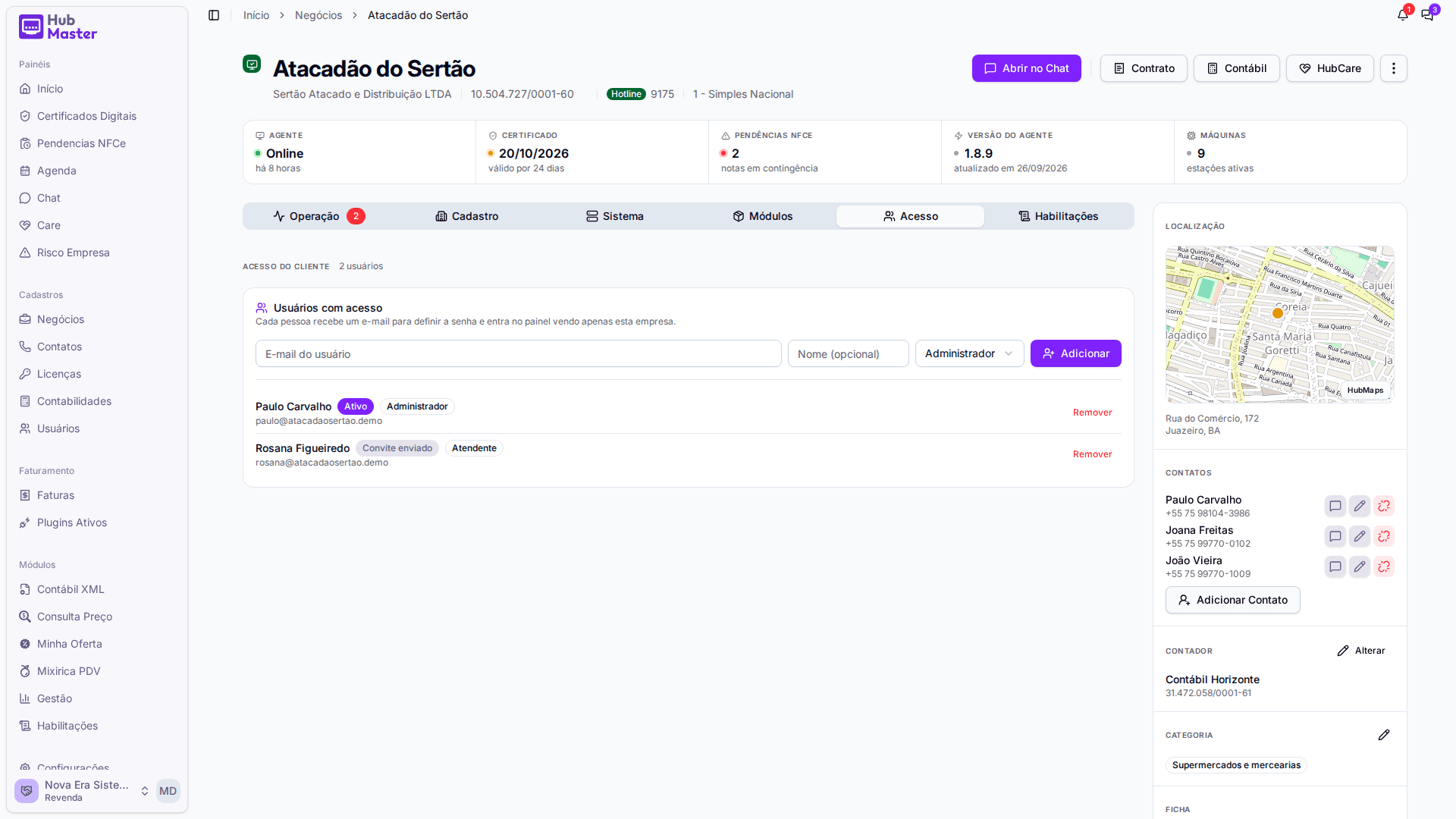 Aba Acesso: o login do cliente, que vê só a própria empresa no painel.