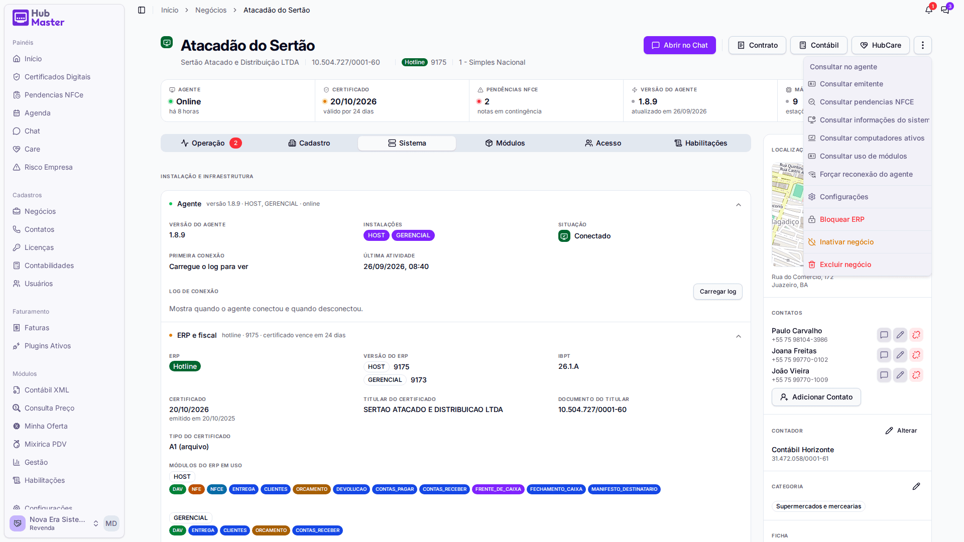 Menu de ações do cliente, com as consultas ao agente, a reconexão e o bloqueio do ERP.