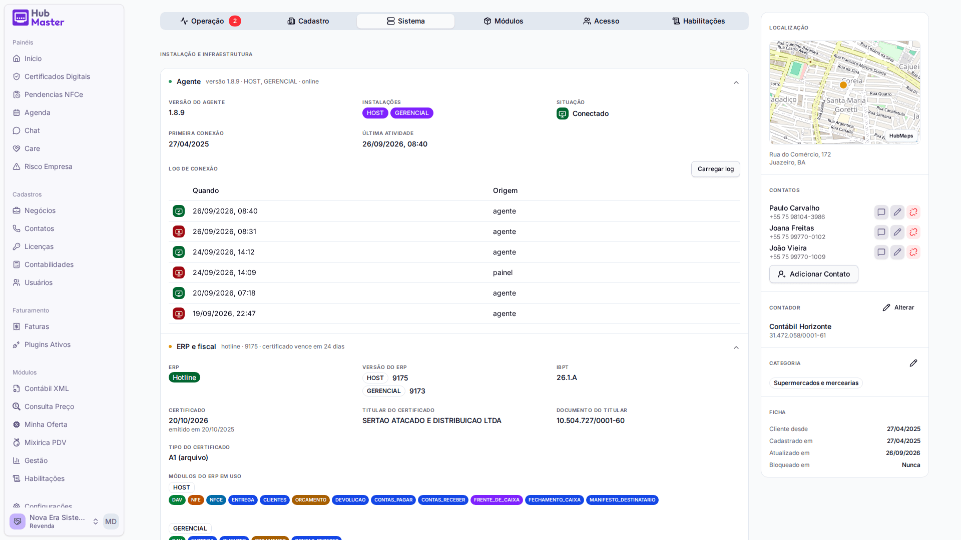 Aba Sistema: agente, log de conexão, ERP, versão por base e o certificado com titular e tipo.