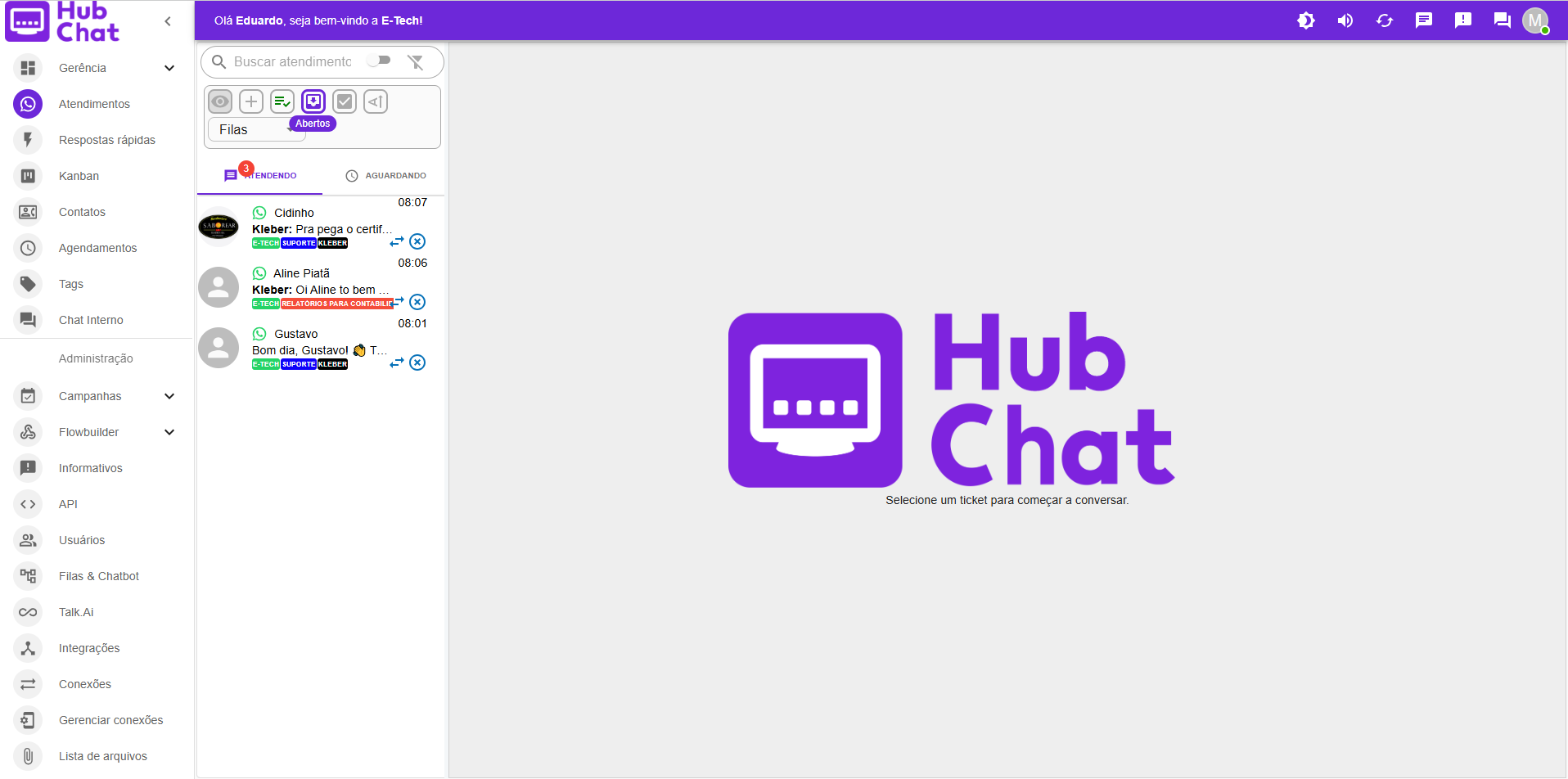 Hub-Chat — tela principal de atendimentos